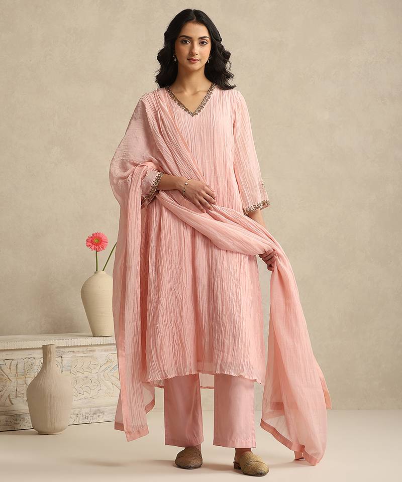 Baby pink handloom mul chanderi kurta set
