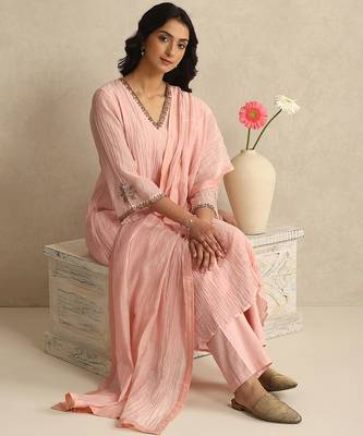 Baby pink handloom mul chanderi kurta set 2