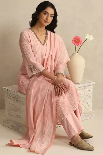 Baby pink handloom mul chanderi kurta set