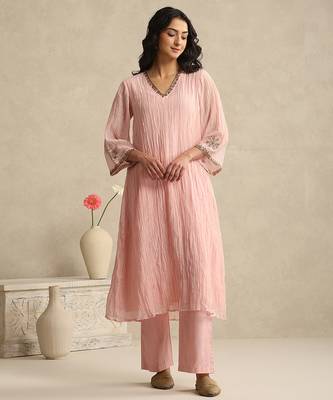 Baby pink handloom mul chanderi kurta set 3