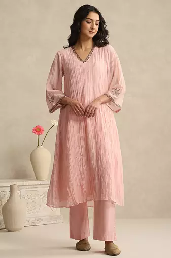 Baby pink handloom mul chanderi kurta set
