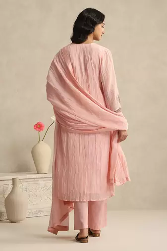 Baby pink handloom mul chanderi kurta set