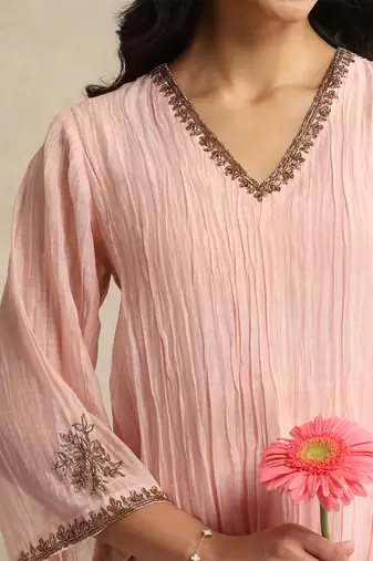 Baby pink handloom mul chanderi kurta set