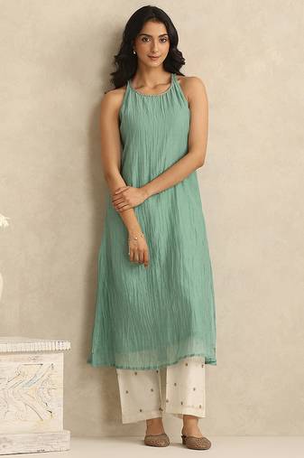 Sea green handloom mul chanderi kurta set