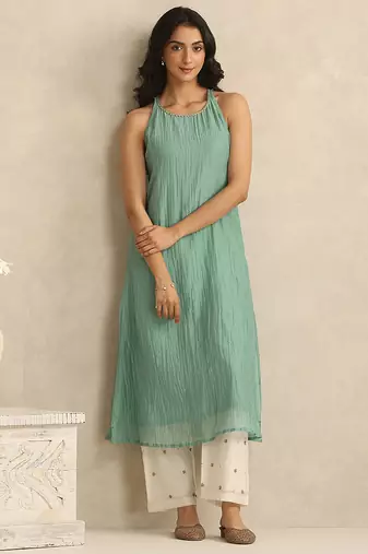 Sea green handloom mul chanderi kurta set