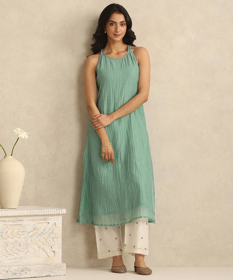Sea green handloom mul chanderi kurta set