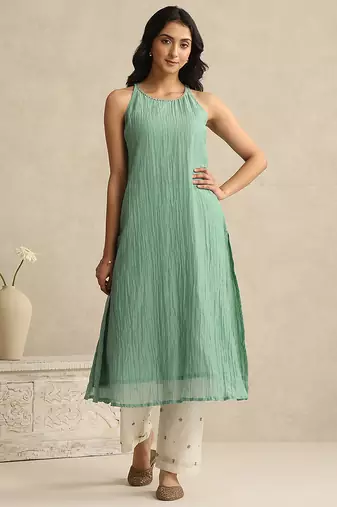Sea green handloom mul chanderi kurta set