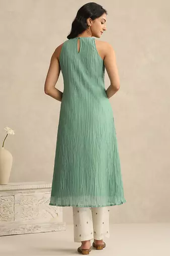 Sea green handloom mul chanderi kurta set