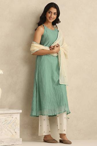 Sea green handloom mul chanderi kurta set