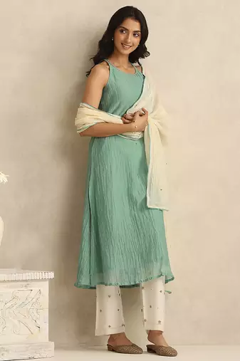 Sea green handloom mul chanderi kurta set
