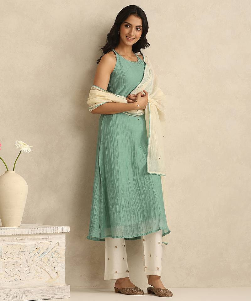 Sea green handloom mul chanderi kurta set