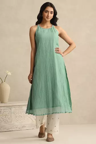 Sea green handloom mul chanderi kurta set