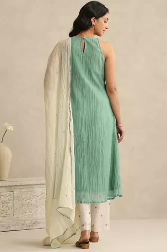 Sea green handloom mul chanderi kurta set
