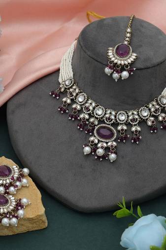 Purple color choker kundan necklace set