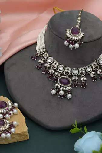 Purple color choker kundan necklace set