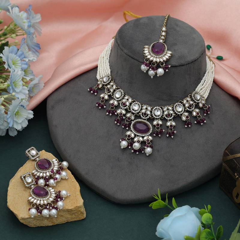 Purple color choker kundan necklace set
