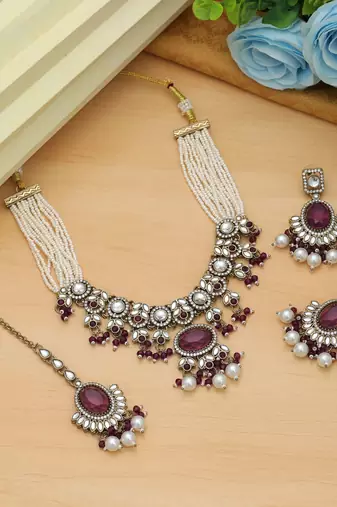 Purple color choker kundan necklace set