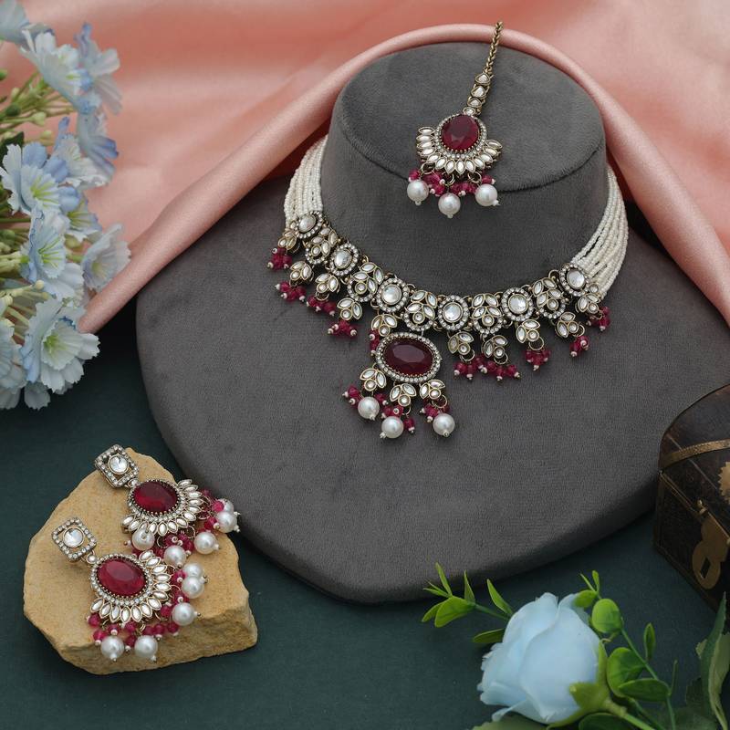 Rani color choker kundan necklace set