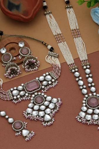 Light pink color long and choker kundan necklace set