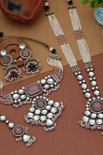 Light pink color long and choker kundan necklace set