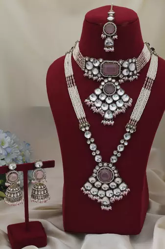Light pink color long and choker kundan necklace set