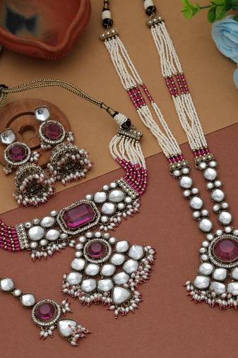 Magenta color long and choker kundan necklace set