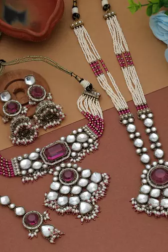 Magenta color long and choker kundan necklace set