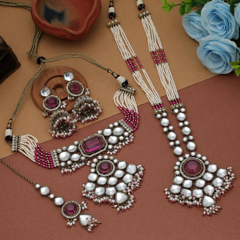 Magenta color long and choker kundan necklace set