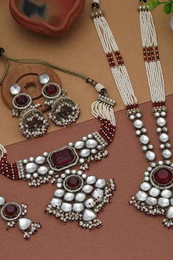 Maroon color long and choker kundan necklace set