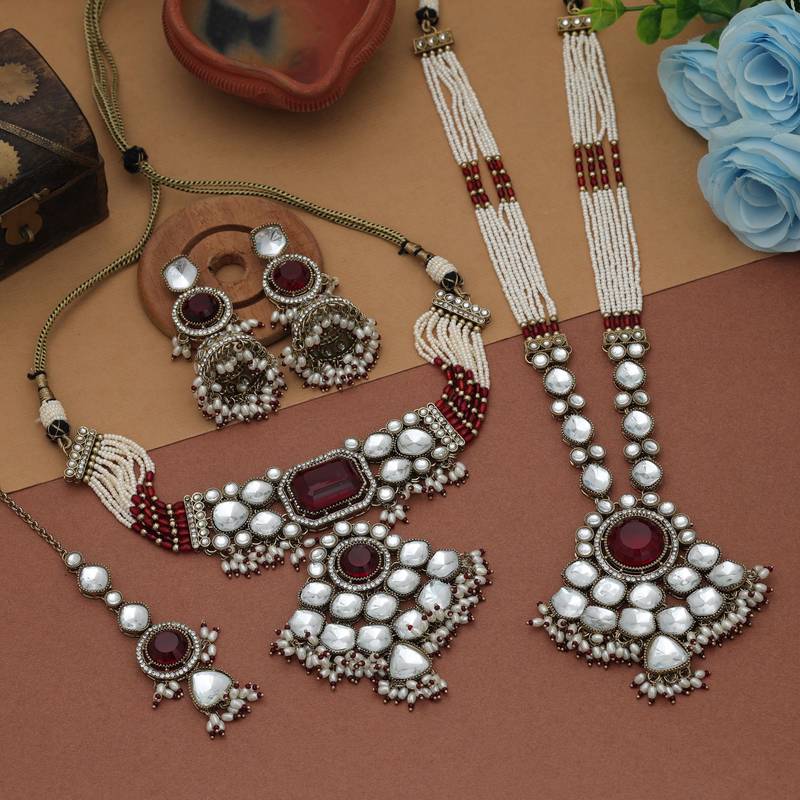 Maroon color long and choker kundan necklace set