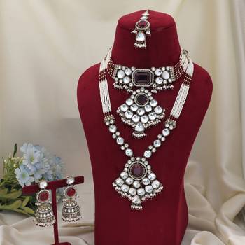 Maroon color long and choker kundan necklace set 2
