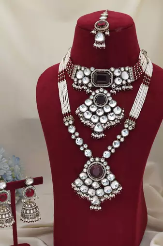 Maroon color long and choker kundan necklace set