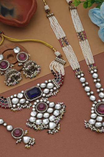 Multi color long and choker kundan necklace set