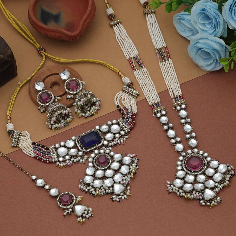 Multi color long and choker kundan necklace set