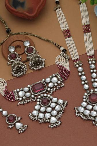 Rani color long and choker kundan necklace set