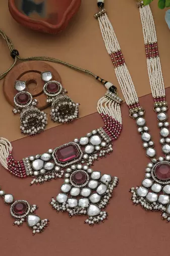Rani color long and choker kundan necklace set