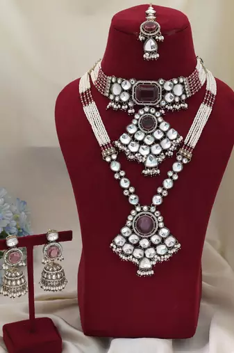 Rani color long and choker kundan necklace set