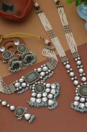 Sky blue color long and choker kundan necklace set