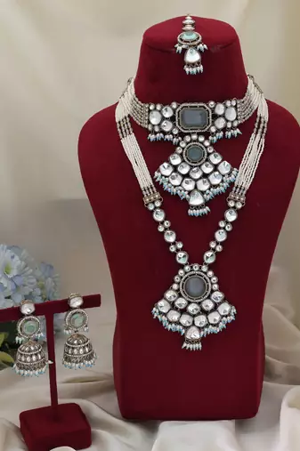 Sky blue color long and choker kundan necklace set