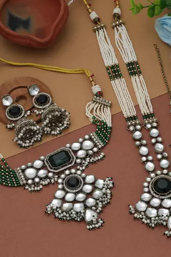 Green color long and choker kundan necklace set