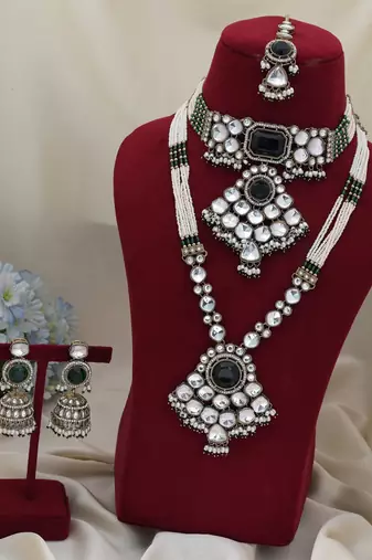 Green color long and choker kundan necklace set