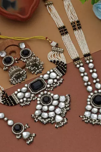 Black color long and choker kundan necklace set