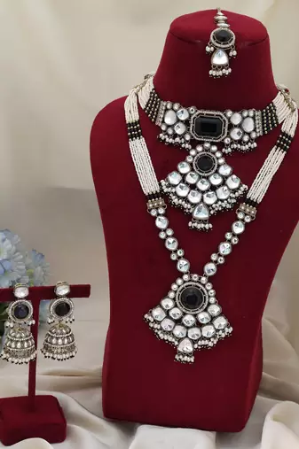 Black color long and choker kundan necklace set