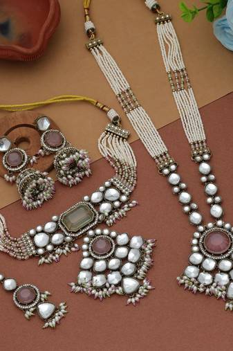 Pink & pista green color long and choker kundan necklace set