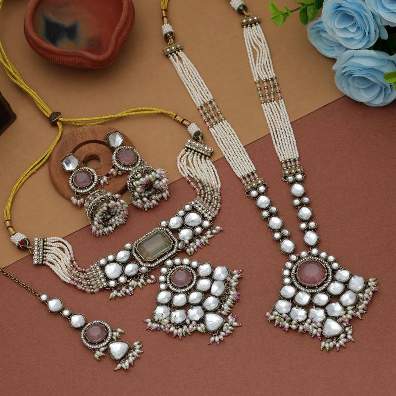 Pink & pista green color long and choker kundan necklace set