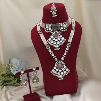 Pink & pista green color long and choker kundan necklace set 2