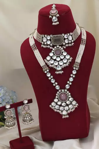 Pink & pista green color long and choker kundan necklace set