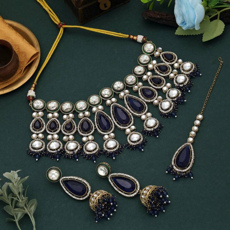 Blue color kundan necklace set
