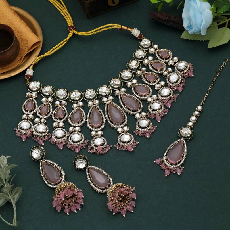 Light pink color kundan necklace set