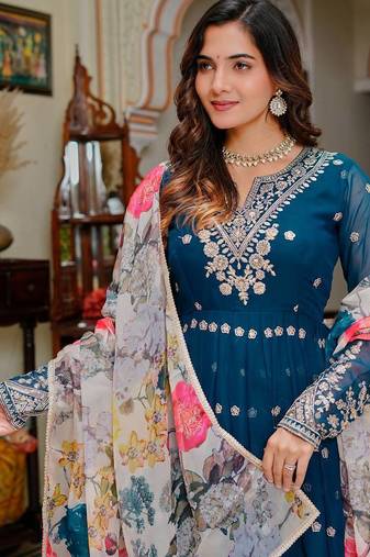 Teal Color Thread With Sequence Work Georgette Gown Bottom Set